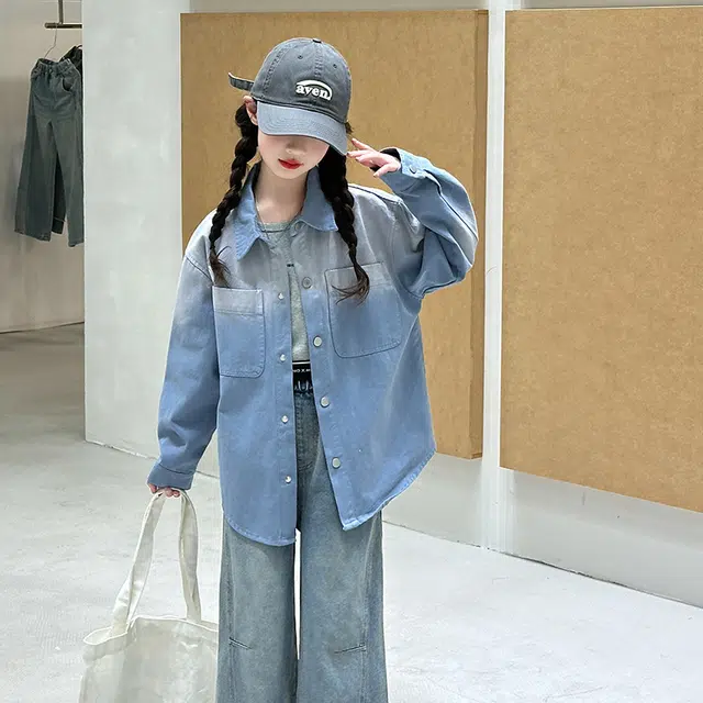 熊猫圆圆衬衫 翻领拼色百搭柔软长袖 蓝色 青少年