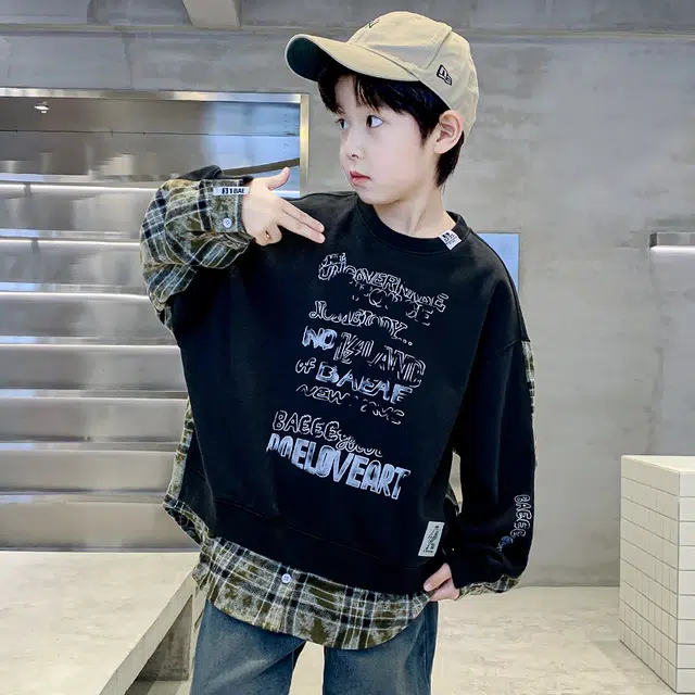 熊猫圆圆卫衣 时尚帅气前后拼接格子字母印花休闲潮流