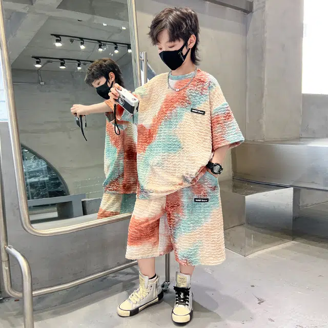 熊猫圆圆 夏季新款男中大童韩版扎染宝宝洋气针织休闲扎染短袖短裤套装 儿童款