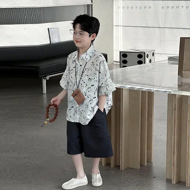 儿童款 熊猫圆圆 男童泼墨印花短袖衬衫
