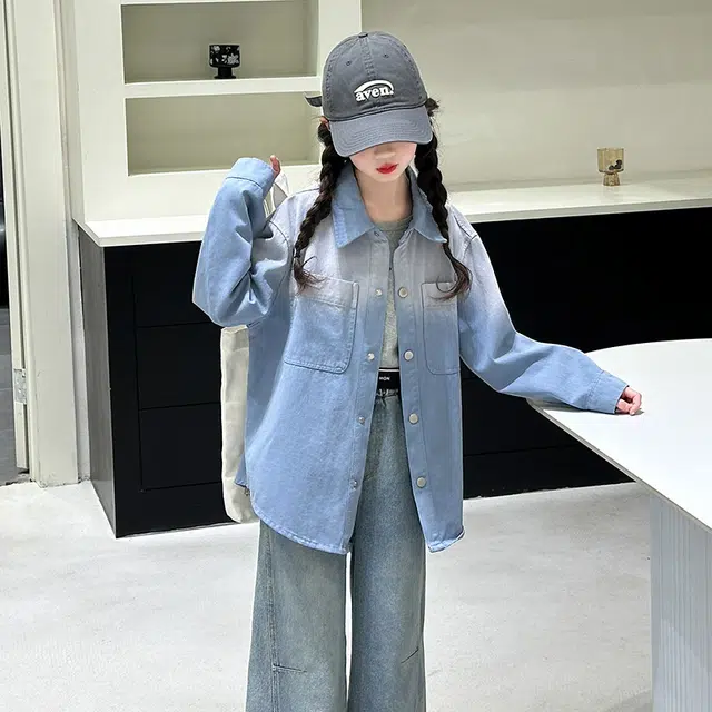 熊猫圆圆衬衫 翻领拼色百搭柔软长袖 蓝色 青少年