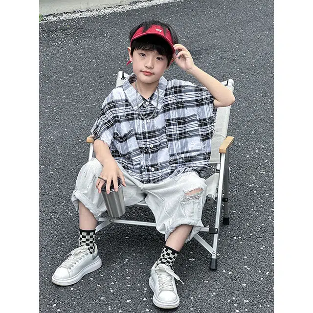 儿童款 熊猫圆圆 男童中大童黑白经典格子流苏短袖衬衫