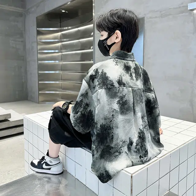 熊猫圆圆 男童新中式复古水墨画套装 儿童款