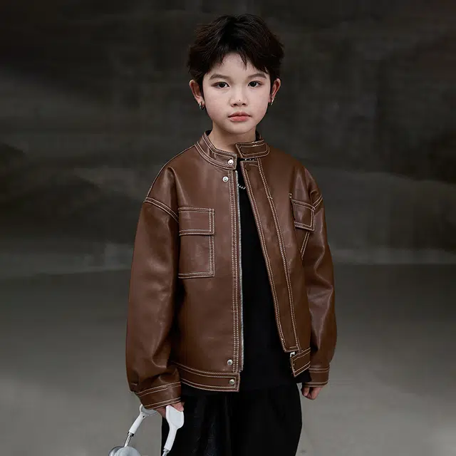 熊猫圆圆皮衣夹克 时尚帅气简约复古机车 儿童款