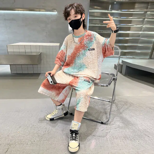 熊猫圆圆 夏季新款男中大童韩版扎染宝宝洋气针织休闲扎染短袖短裤套装 儿童款