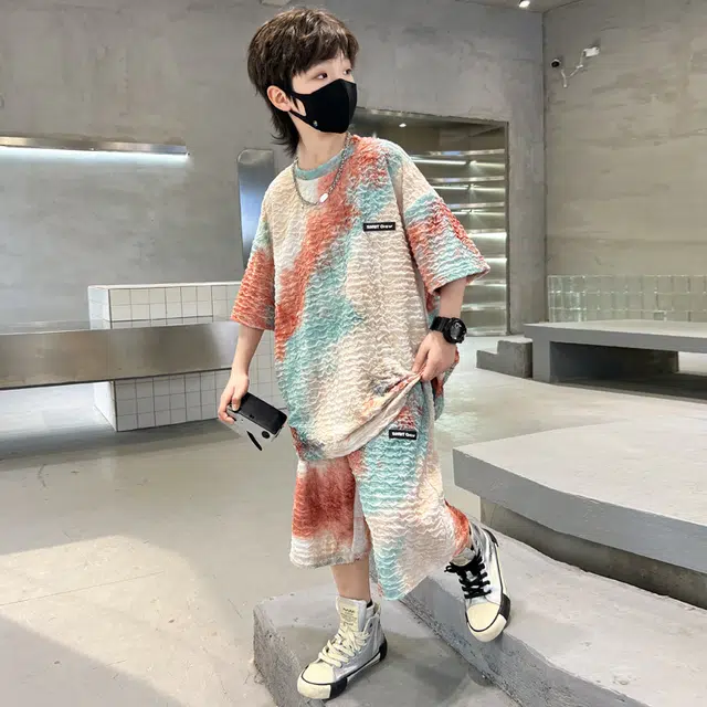 熊猫圆圆 夏季新款男中大童韩版扎染宝宝洋气针织休闲扎染短袖短裤套装 儿童款