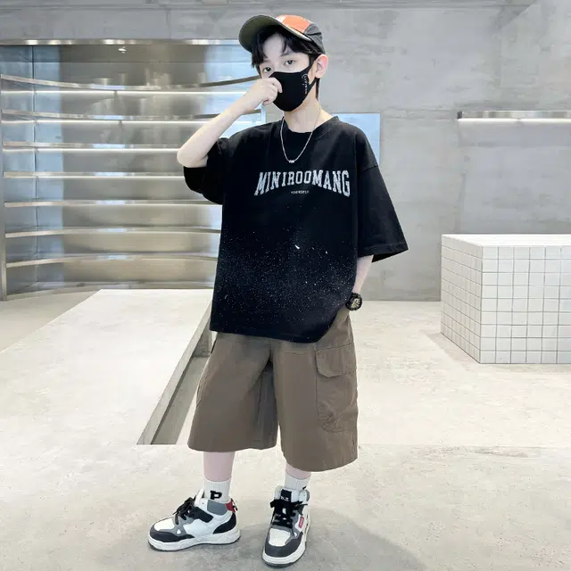 熊猫圆圆 男童印花字母甩点短袖休闲套装 儿童款