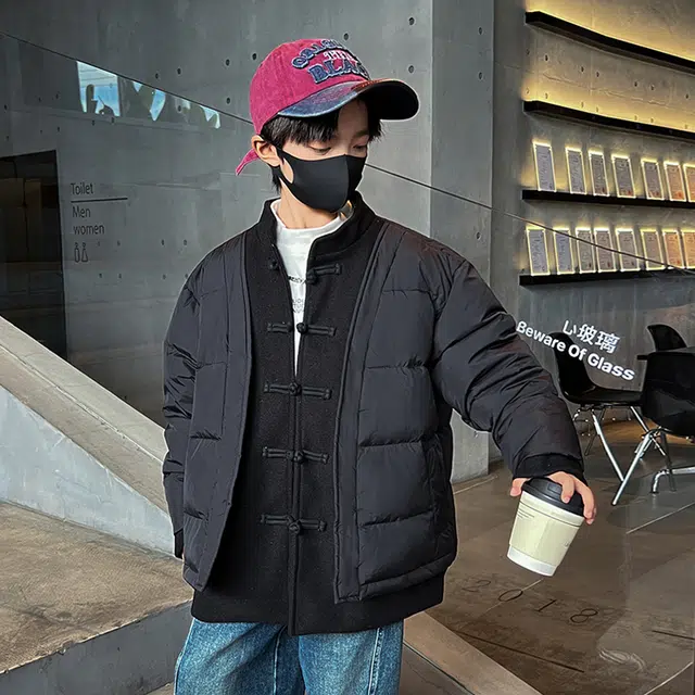 熊猫圆圆 男童时尚复古拼接假两件盘扣羽绒服 儿童款
