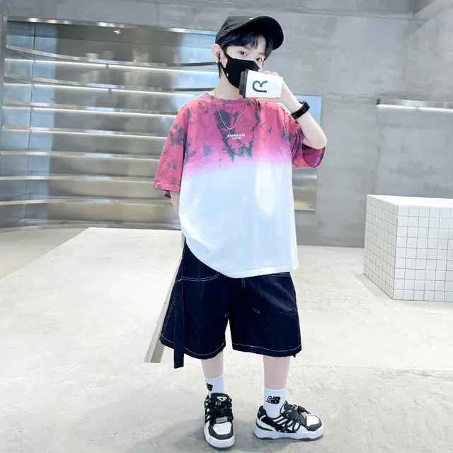 熊猫圆圆 男童夏装帅气街潮渐变扎染印花休闲套装 儿童款