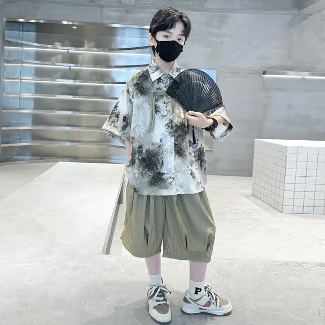 熊猫圆圆 男童新中式复古水墨画套装 儿童款