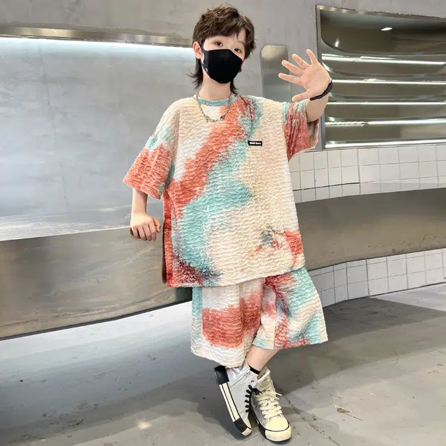 熊猫圆圆 夏季新款男中大童韩版扎染宝宝洋气针织休闲扎染短袖短裤套装 儿童款