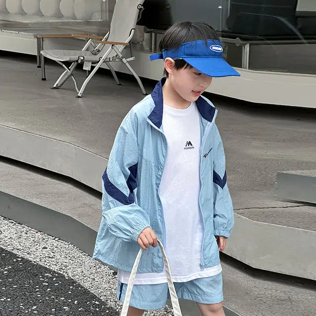 大童 熊猫圆圆 字母拼色立领拉链长袖上衣松紧腰短裤休闲运动套装 雾蓝