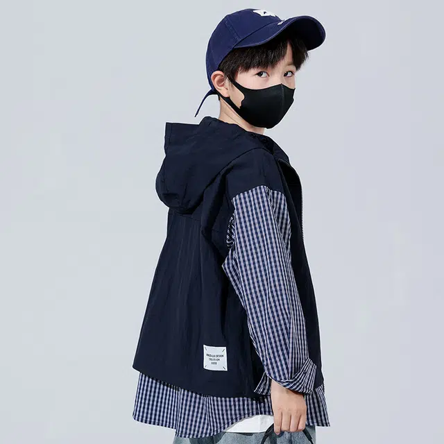 熊猫圆圆夹克外套 时尚帅气格子拼接假两件套连帽 藏青色 儿童款