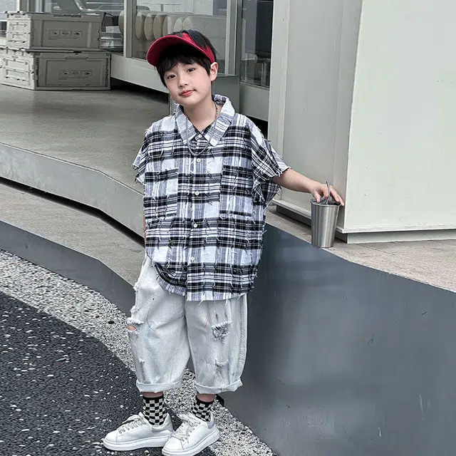 儿童款 熊猫圆圆 男童中大童黑白经典格子流苏短袖衬衫