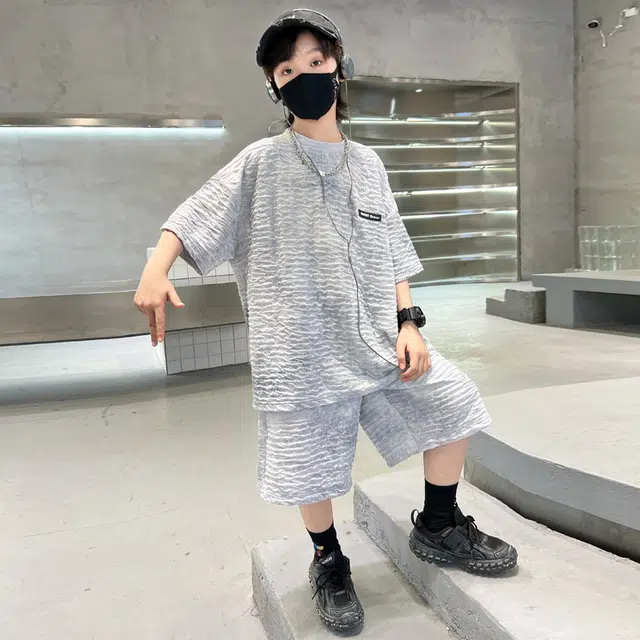 熊猫圆圆 夏季新款男中大童韩版扎染宝宝洋气针织休闲扎染短袖短裤套装 儿童款