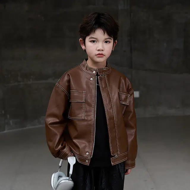 熊猫圆圆皮衣夹克 时尚帅气简约复古机车 儿童款