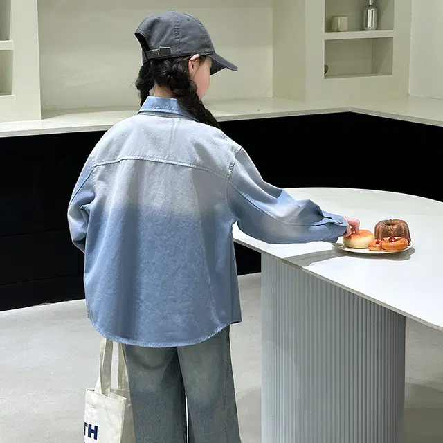 熊猫圆圆衬衫 翻领拼色百搭柔软长袖 蓝色 青少年