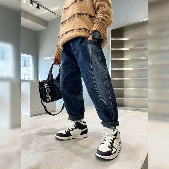 熊猫圆圆 直筒宽松加绒一体绒时髦休闲牛仔裤 儿童款 蓝色