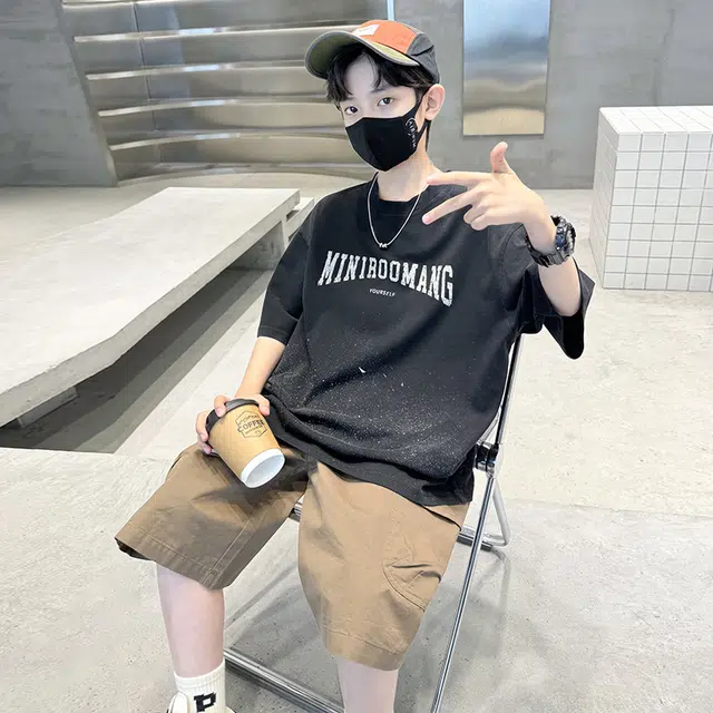 熊猫圆圆 男童印花字母甩点短袖休闲套装 儿童款