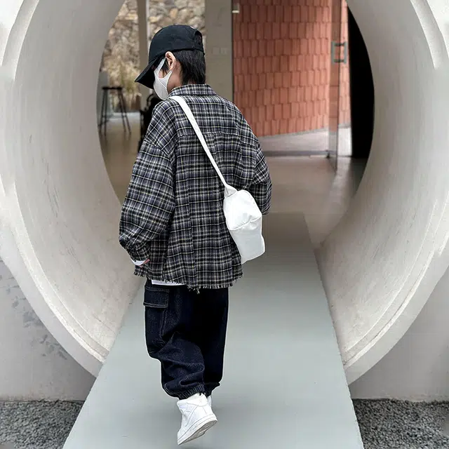 熊猫圆圆 童装 男童长袖衬衫春秋款中大童休闲开衫格子上衣男孩秋装潮牌