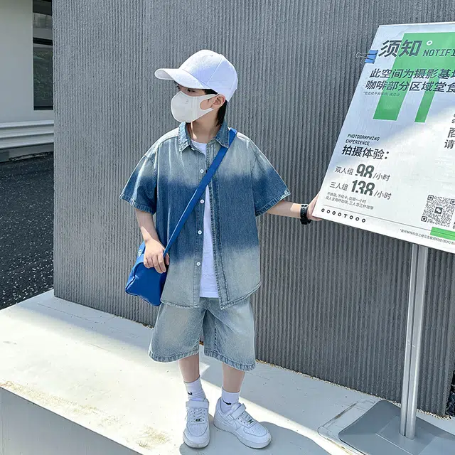 熊猫圆圆 男童夏装渐变牛仔衬衫中裤套装 儿童款