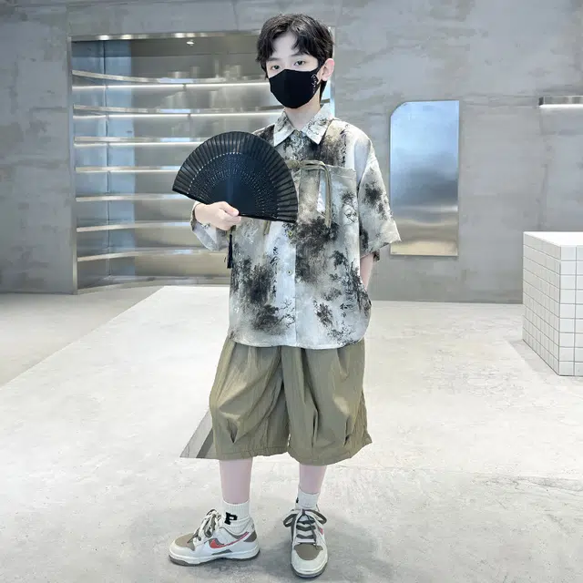熊猫圆圆 男童新中式复古水墨画套装 儿童款