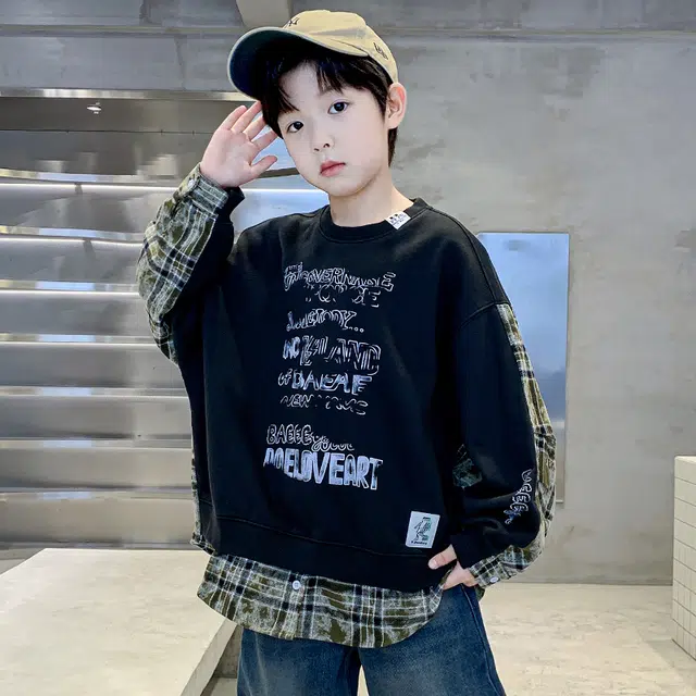 熊猫圆圆卫衣 时尚帅气前后拼接格子字母印花休闲潮流