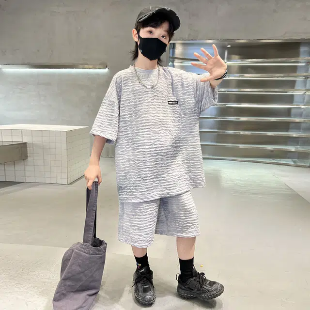 熊猫圆圆 夏季新款男中大童韩版扎染宝宝洋气针织休闲扎染短袖短裤套装 儿童款
