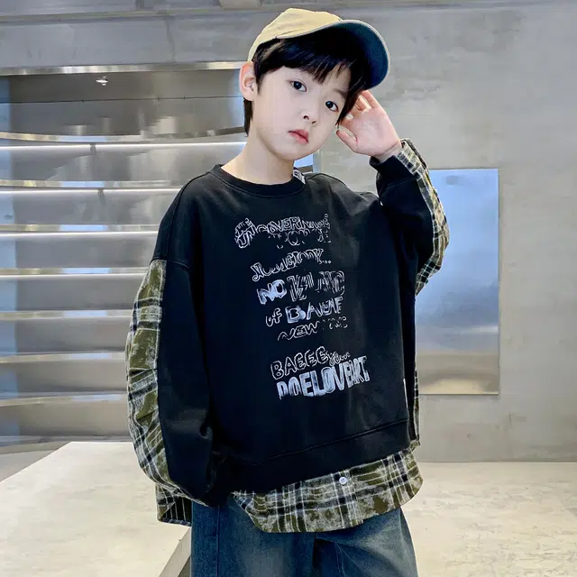 熊猫圆圆卫衣 时尚帅气前后拼接格子字母印花休闲潮流