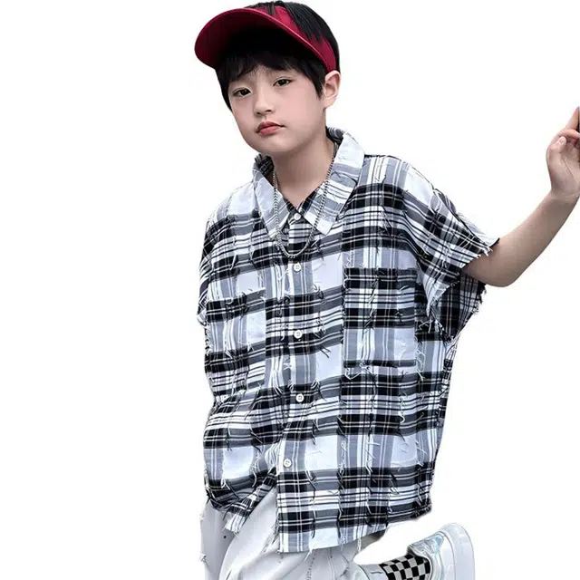 儿童款 熊猫圆圆 男童中大童黑白经典格子流苏短袖衬衫