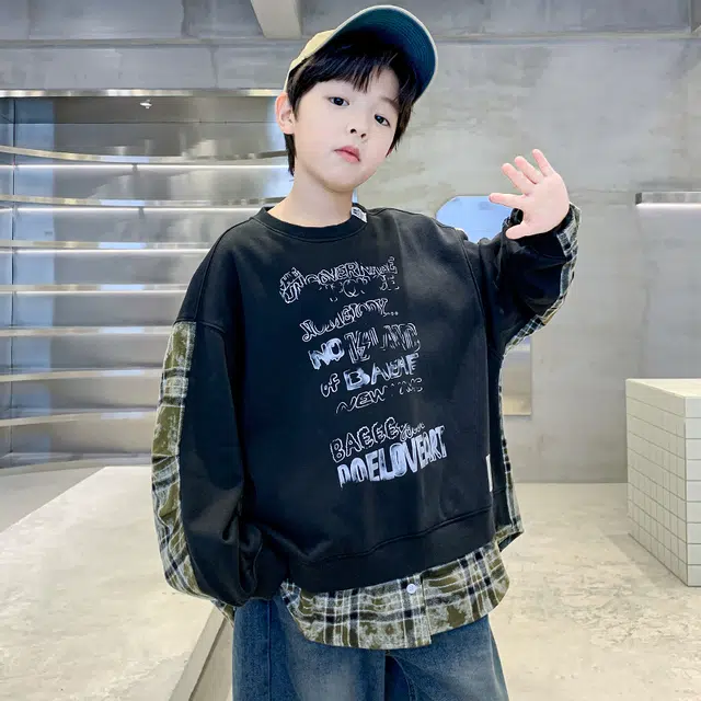 熊猫圆圆卫衣 时尚帅气前后拼接格子字母印花休闲潮流