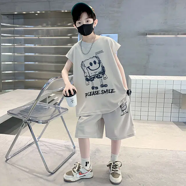 熊猫圆圆 男童卡通印花无袖背心套装 儿童款