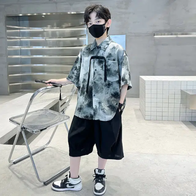 熊猫圆圆 男童新中式复古水墨画套装 儿童款