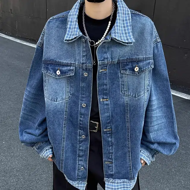 虫小绿 美式假两件拼接潮牌街头垂感翻领百搭宽松牛仔外套 男女同款