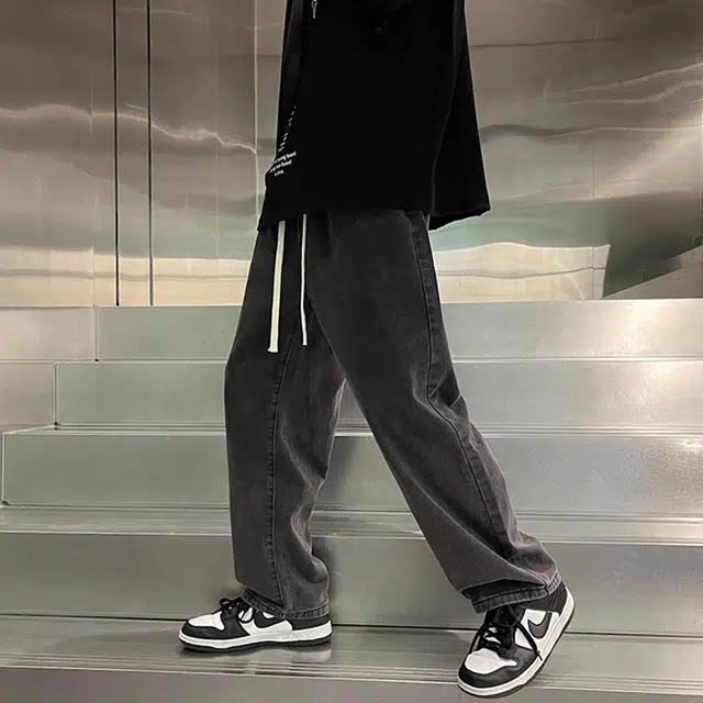 虫小绿 美式复古潮牌高街纯色水洗直筒裤宽松舒适松紧腰裤子休闲裤抽绳百搭长裤牛仔裤 男女同款