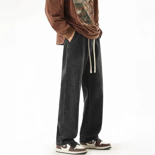虫小绿 美式复古高街风宽松舒适百搭水洗做旧通勤休闲直筒牛仔裤 男女同款
