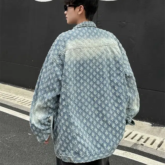 虫小绿 美式复古设计满印提花工艺宽松经典翻领夹克春秋季潮流高级感痞帅休闲水洗做旧小香风工装大口袋百搭牛仔外套 男女同款