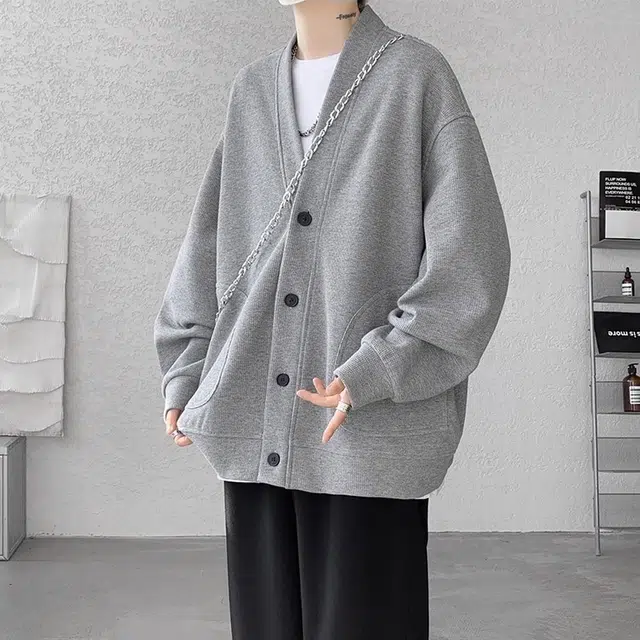 虫小绿 潮牌纯色华夫格开衫外套春秋季日系慵懒风高级感百搭宽松休闲简约夹克上衣情侣款卫衣 男女同款