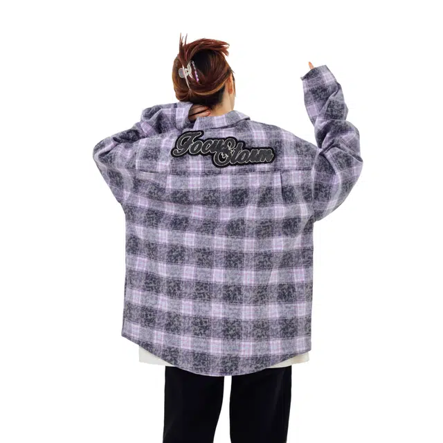 虫小绿 美式复古撞色格子星星刺绣衬衫翻领外套春秋季国潮情侣街头宽松休闲百搭毛呢拉链上衣夹克 男女同款