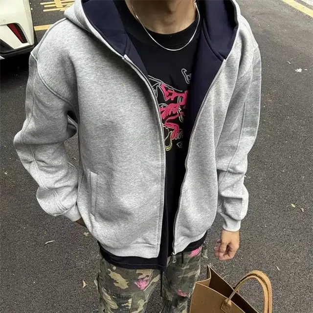虫小绿 春秋季小众设计感美式高街内外撞色高级感情侣开衫外套双拉链宽松休闲百搭潮牌简约通勤廓形长袖重磅连帽卫衣 男女同款