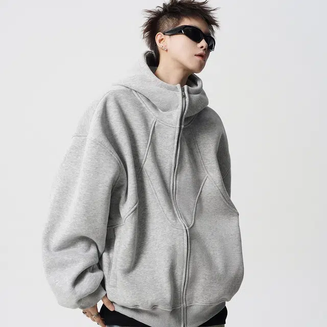 虫小绿 美式解构设计感拼接高街潮牌休闲长袖上衣复古运动百搭开衫宽松加厚保暖情侣款连帽卫衣 男女同款