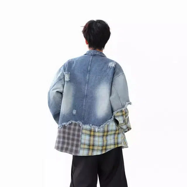 虫小绿 美式复古宽松多元素拼接格纹服饰长袖上衣春秋季设计休闲高街撞色夹克破洞创意情侣款牛仔外套 男女同款