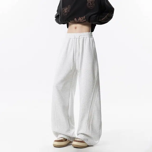 虫小绿 美式复古重磅解构纯色弯刀宽松直筒百搭阔腿运动休闲裤 男女同款