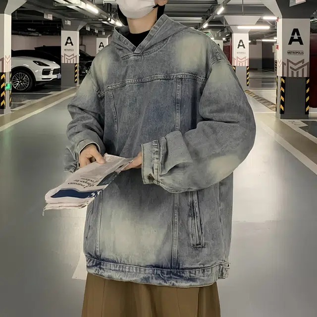 虫小绿 美式高街复古套头牛仔连帽上衣水洗做旧高级感春秋季宽松休闲工装夹克长袖外套情侣帽衫卫衣 男女同款