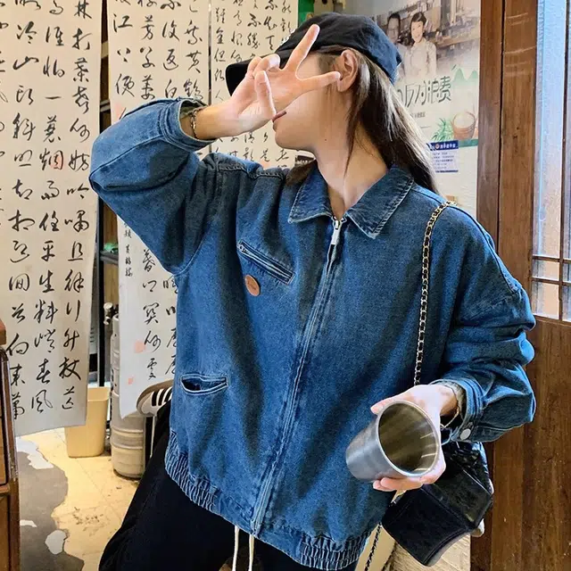 虫小绿 韩版学院风甜美超好看短款夹克百搭通勤春秋款复古高级感水洗做旧休闲宽松工装拉链上衣情侣牛仔外套 男女同款