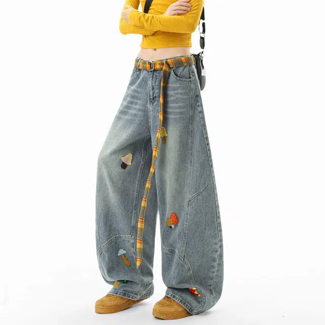 虫小绿 美式解构特色卡通毛巾绣直筒裤子春秋季宽松水洗弯刀裤小众设计感阔腿裤休闲百搭牛仔裤 男女同款