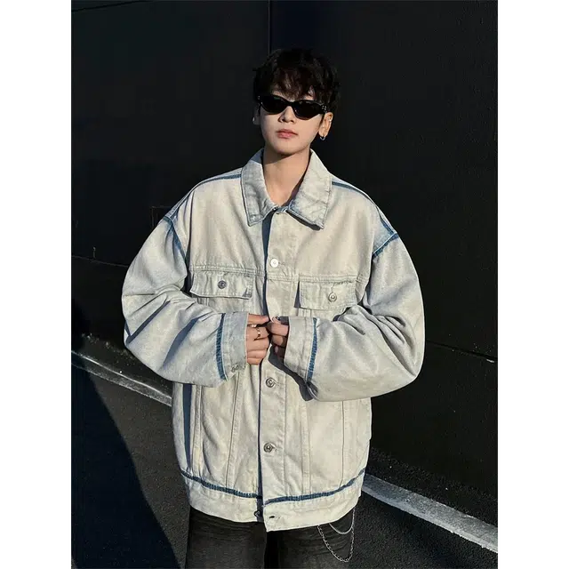 虫小绿 美式高街复古街头废土风做旧水洗明线装饰解构廓型四角标线痞帅潮流日常通勤高颜值宽松百搭洗选翻领长袖牛仔外套 男女同款