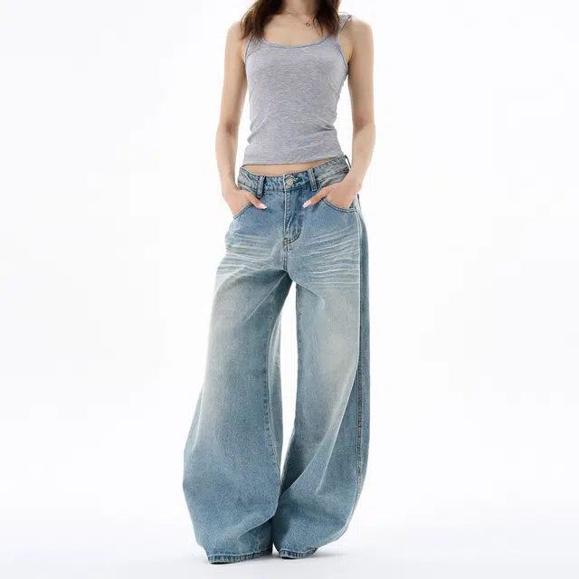 虫小绿 美式复古垂感拖地长裤秋冬季潮牌痞帅气质高级感水洗直筒宽松阔腿弯刀裤情侣裤子牛仔裤 男女同款