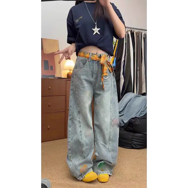 虫小绿 美式解构特色卡通毛巾绣直筒弯刀裤子春秋季宽松水洗镰刀裤小众设计感阔腿长裤休闲百搭牛仔裤 男女同款