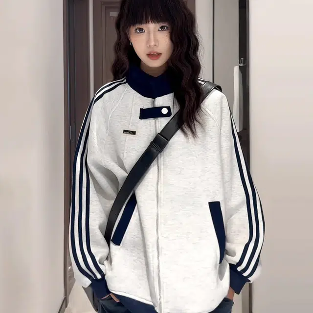 虫小绿 美式复古拼接撞色学院运动风外套春秋款潮牌三条杠夹克宽松痞帅街头舒适时尚休闲个性通勤百搭拉链卫衣 男女同款